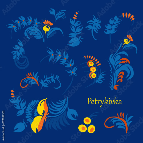 Traditional Ukrainian Petrykivka painting. Elements of plant ornament in blue and yellow colors.