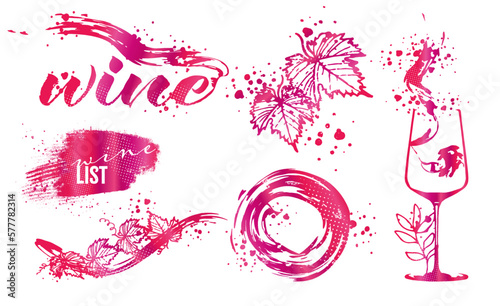 Wine Designs - Collection of wine glasses and bottles. Hand drawn elements for invitation cards, advertising banners, menus in gold style. Wine glasses with splashing wine. Sketch vector illustration.