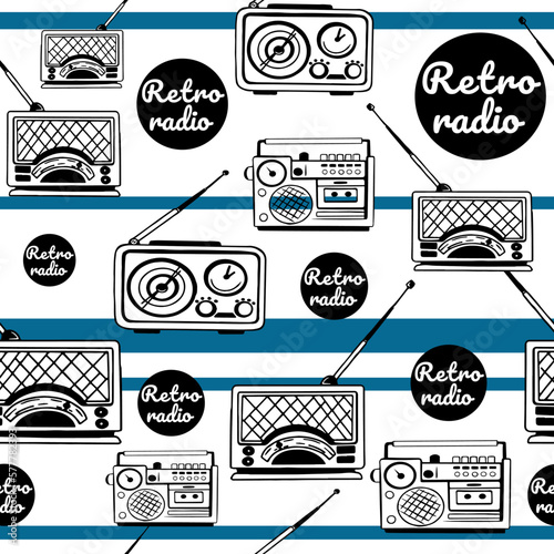 pattern retro radio in sketch style, doodle with blue stripes. Vintage antique radio. Old receiver with antenna catches radio waves. Suitable for flyers, stickers, advertising products.