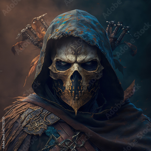 Concept of a character who wears a death mask in the shape of a skull and an old hoodie with belts for weapons photo