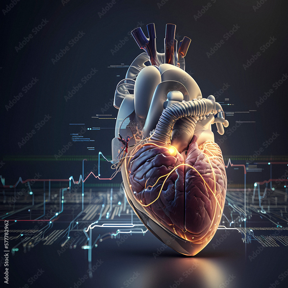 Cardiac surgery , human heart with cells and arteries, heart attack