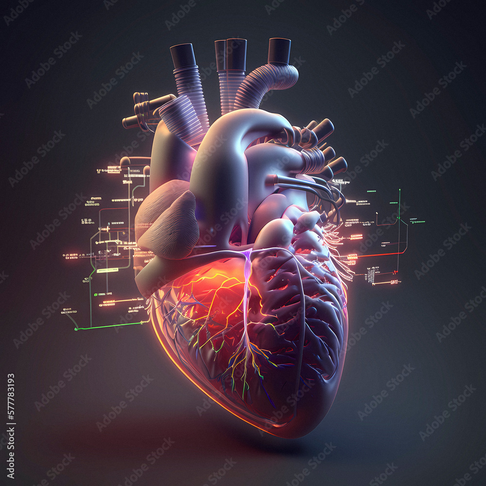 Cardiac surgery , human heart with cells and arteries, heart attack