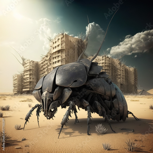 Big armoured beetle in the desert with ruined multi-storey buildings, Generative ai photo