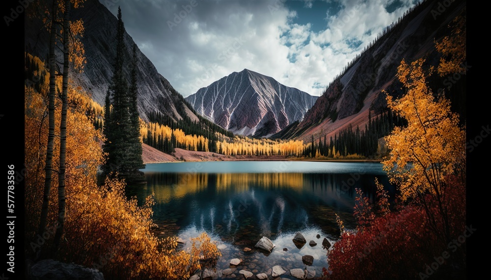 A stunning image of a mountain lake surrounded by fall foliage 35mm lens f11 vibrant standard lens  Generative AI