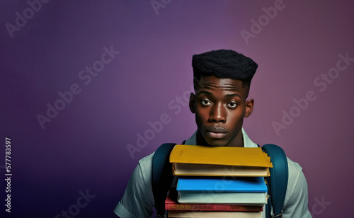 School years. Portrait of African-American schoolboy holding a stack of schoolbooks on studio background. photo