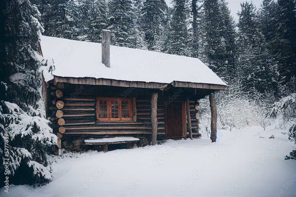 old cabin in the snowy woods