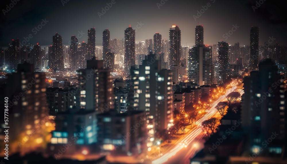 A stunning view of a cityscape at night 50mm lens f/4 dramatic standard lens  Generative AI