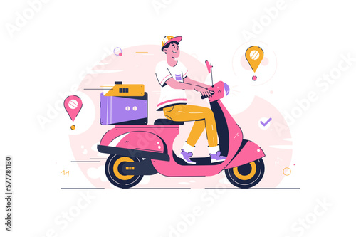 Courier shipping package at moped. Order and express delivery concept. Free vector on the way concept illustration