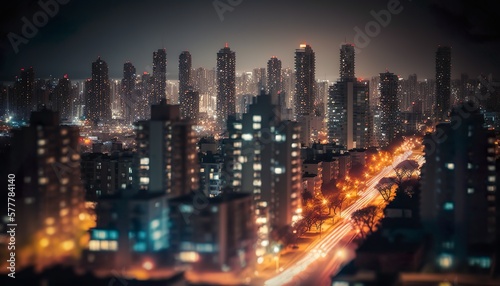 A stunning view of a cityscape at night 50mm lens f/4 dramatic standard lens Generative AI