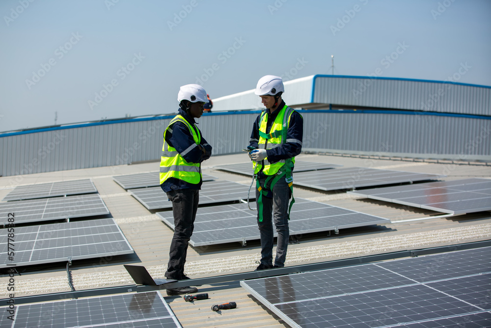 custom made wallpaper toronto digitalTechnology solar cell, Engineer service check installation solar cell on the roof of factory. technician checks the maintenance of the solar panels, engineering team working on checking and maintenanc
