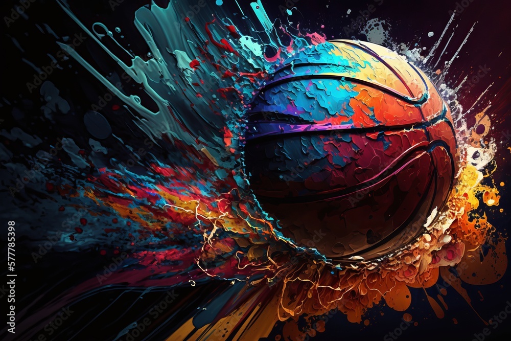 Piłka do koszykówki abstrakcyjny kolorowy akrylowy obraz Generative AI - obrazy, fototapety, plakaty 