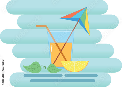 beach glass vector illustration, rest and drink, orange and juice, summer vacation