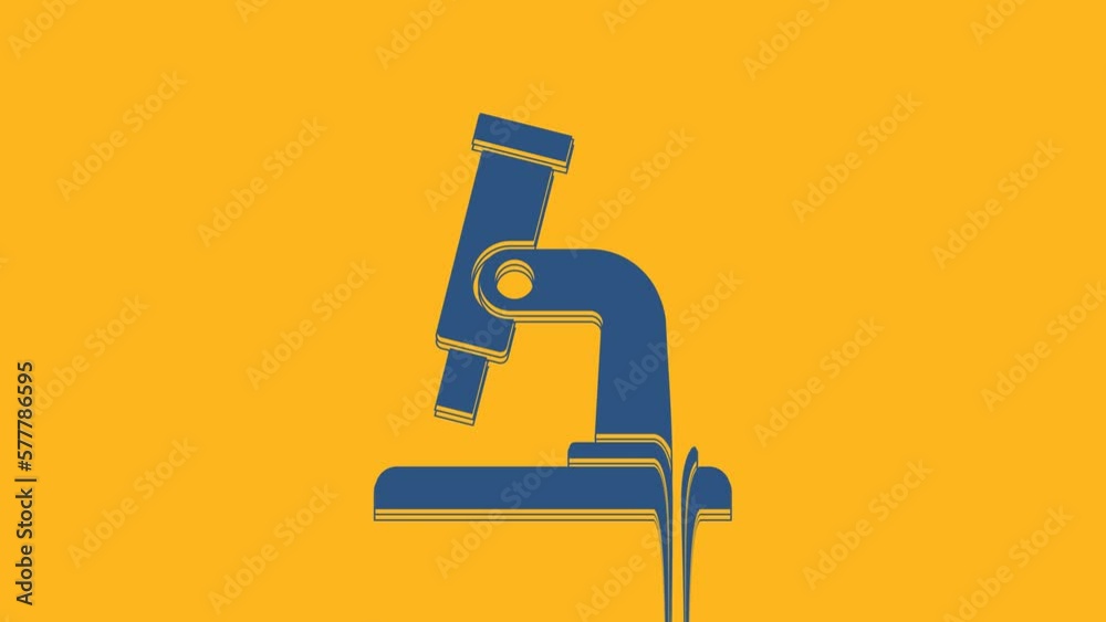 Blue Microscope icon isolated on orange background. Chemistry, pharmaceutical instrument, microbiology magnifying tool. 4K Video motion graphic animation