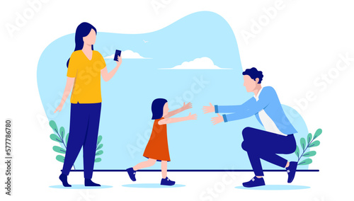 Family moments - Two parents, mom and dad playing outside with child and taking pictures with mobile phone. Creating memories concept, flat design vector illustration on white background