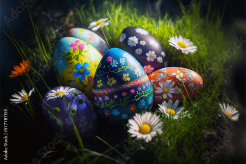 Colorful Easter eggs lie on young grass  ornaments  circles  stripes  spring flowers  and sunlight. Beautiful park.