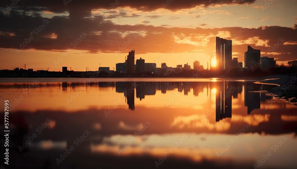 Sunset over a city skyline with beautiful reflections on the water 50mm lens f4 cinematic normal lens  Generative AI