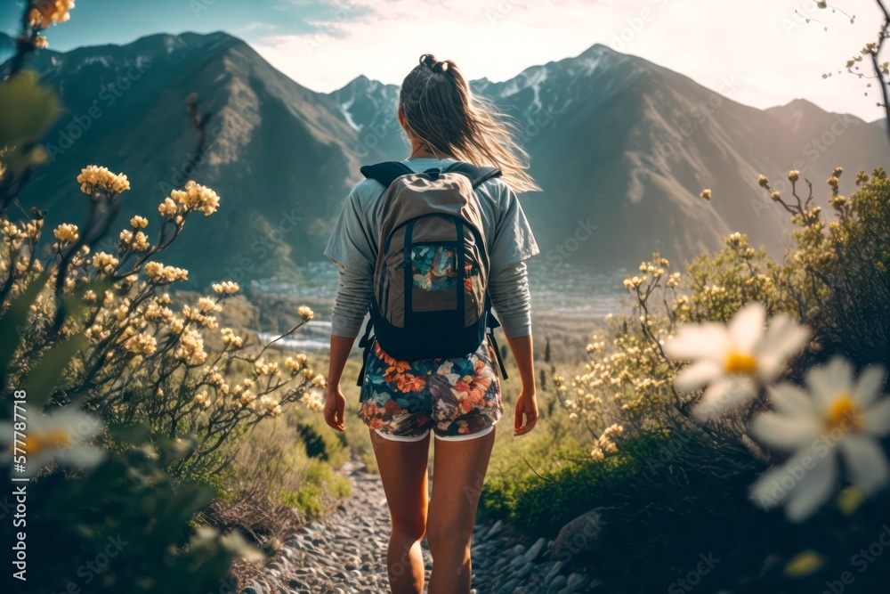 Backpacker hiker camper woman viewed from the back. Mountains landscape. Hiking, trekking, backpacking, camping in the mountains concept. - obrazy, fototapety, plakaty 