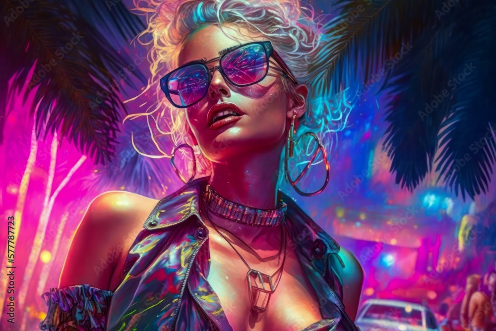 Attractive girl clubbing at the hot summer dance party. Neon light. Palm trees on background. Vacation nightlife. - obrazy, fototapety, plakaty 