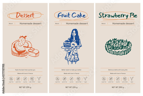 Hand drawn line art food vector packaging label design template. Boho style illustration of elegant signs and badges for cafe, restaurant, food and drinks products.