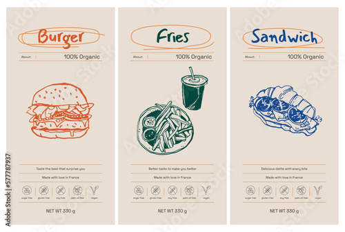 Hand drawn line art food vector packaging label design template. Boho style illustration of elegant signs and badges for cafe, restaurant, food and drinks products.