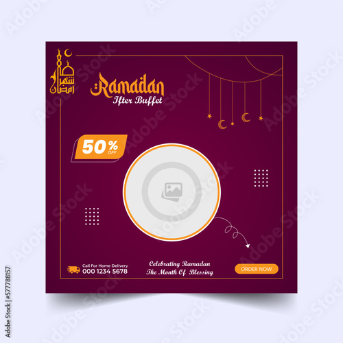Ramadan Buffet Iftar Social Media Post Banner. Ramadan Theme Food Delivery Square Banner with Lantern. Good used for Food Social Media Post. Ramadan Kareem special food menu social media post banner