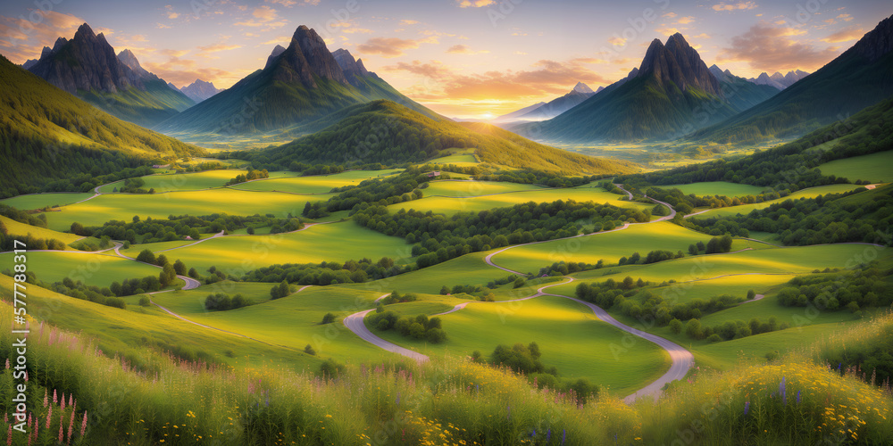 Beautiful summer mountain landscape at sunset. Illustration with mountains, fog, hills, trees, flowewrs, sky with clouds and setting sun. Green valley with forests, groves, and roads. Generative AI