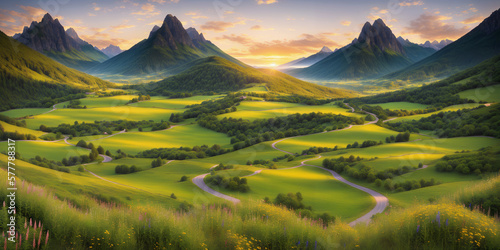 Beautiful summer mountain landscape at sunset. Illustration with mountains, fog, hills, trees, flowewrs, sky with clouds and setting sun. Green valley with forests, groves, and roads. Generative AI