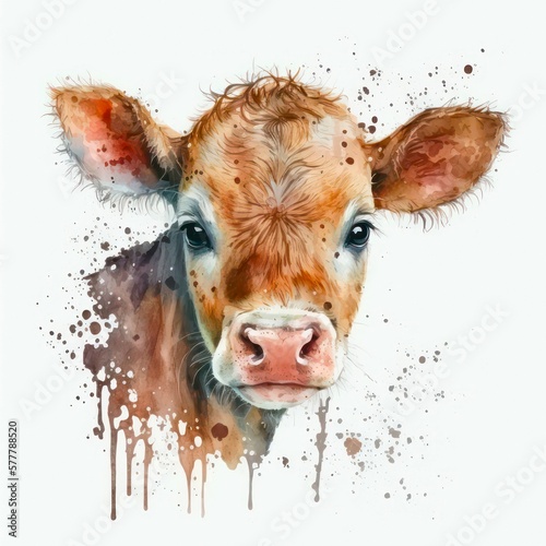 Portrait of a beautiful brown cow. Watercolor illustration of a pretty cow on white background. Generative AI art.