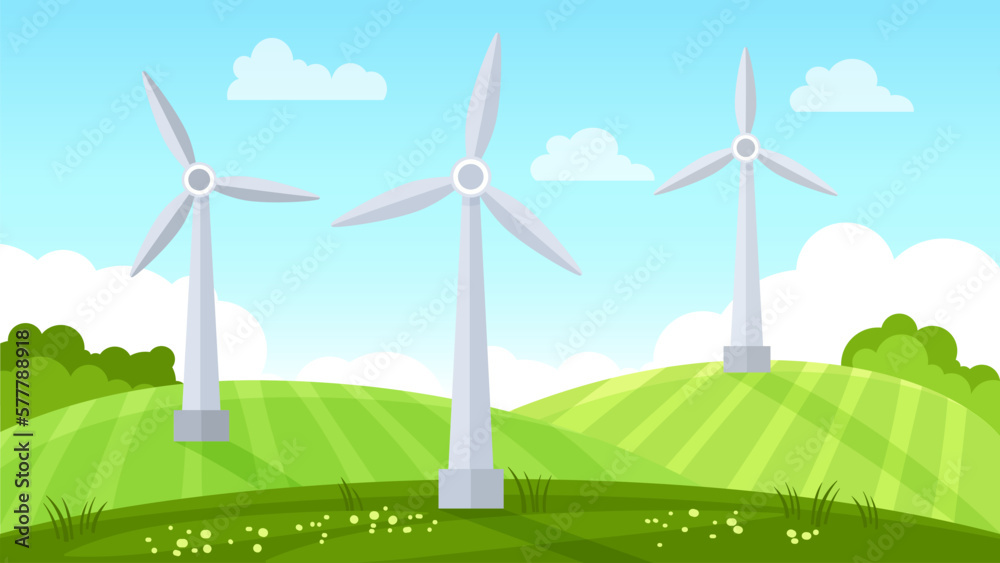 Obraz premium Wind turbine in a field. Eco Green Energy concept. Vector illustration in flat style