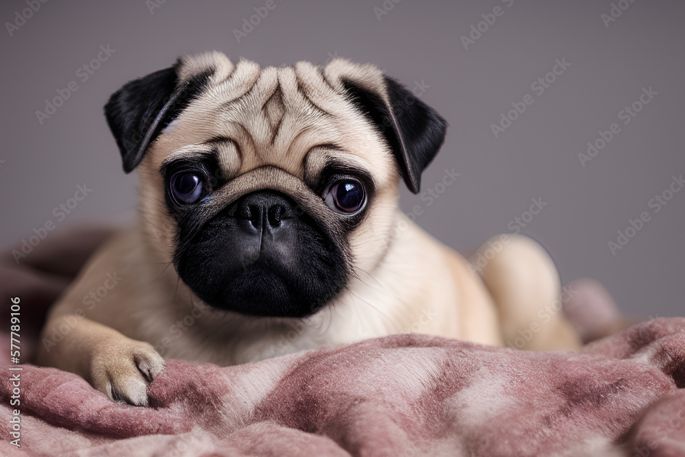 Pug puppy sits under warm blanket on the bed at home. Empty space for text