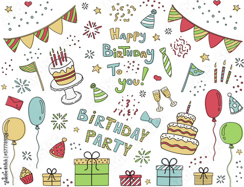 Large color birthday set: cake, candles, garland, gifts, confetti, congratulatory text, glasses, hats. Doodle style vector image.