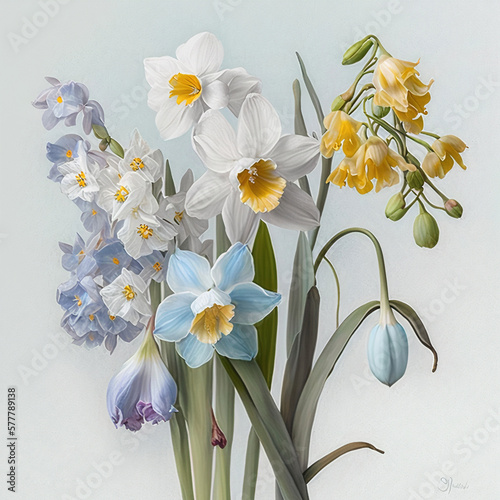 AI generative, spring floral bouquet with narcisus and iris vintage illustration photo