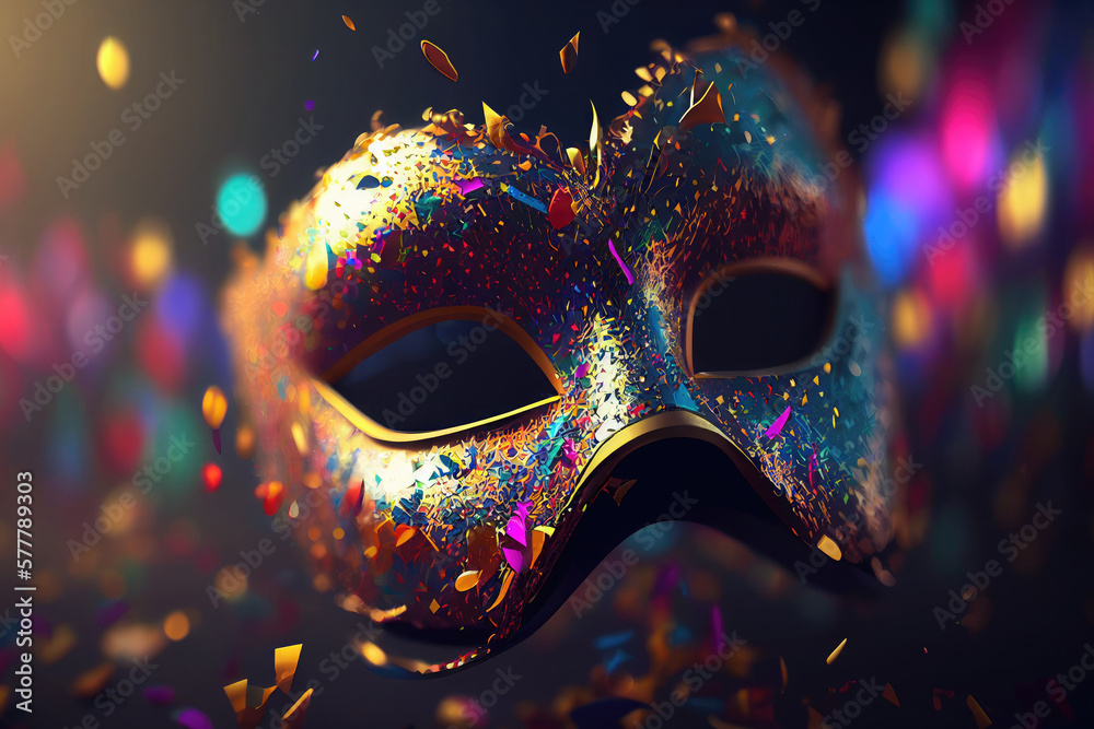 Carnival mask at abstract colorful background. Festive traditional mask for entertainment party with sparkles and confetti. Created with Generative AI