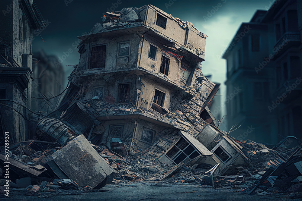 Post apocaliptic cityscape. Ruins in city after war. Destroyed buidings in city after earthquake. Abandoned houses. Created with Generative AI Post apocaliptic cityscape. Ruins in city after war. Destroyed buidings in city after earthquake. Abandoned houses. Created with Generative AI