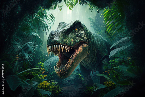 Obraz Carnivore dinosaur in jungle background. Ancient predator. Created with Generative AI