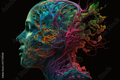 Digital concept art of human echo face created by wires, butterflies, nerves, cables, low poly, paper quilling. Generative AI