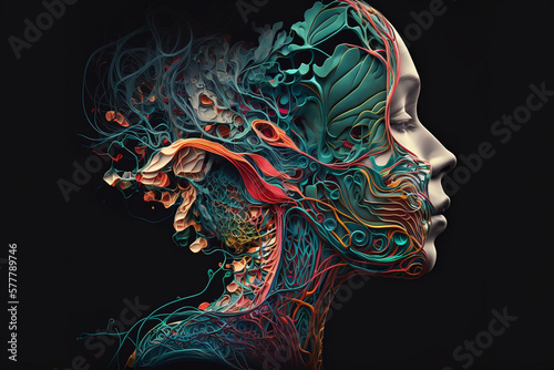  Digital concept art of human echo face created by wires, butterflies, nerves, cables, low poly, paper quilling. Generative AI