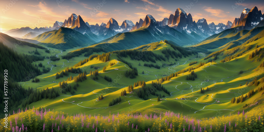 Beautiful summer mountain landscape at sunset. Illustration with mountains, trees, flowers, sky with clouds and setting sun. Green valley with forests, groves and roads. Generative AI