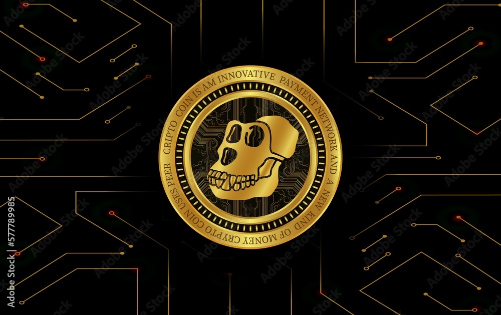 Image of apecoin virtual currency on a digital background. 3d