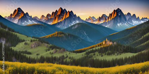 Beautiful summer mountain landscape at sunset. Illustration with mountains, trees, flowers, sky with clouds and setting sun. Green hills covered with forests and groves. Generative AI