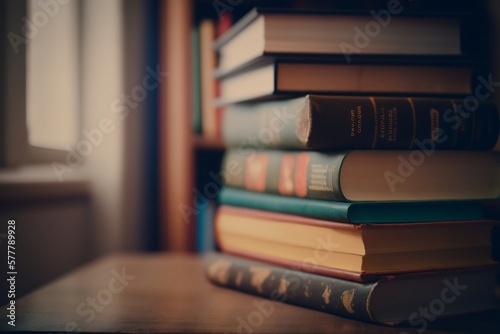 Perfect background for any education-related project, this image showcases a table stacked high with books in a library setting
