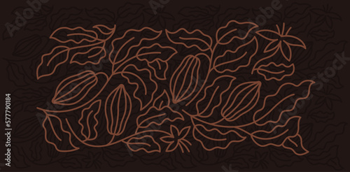 Cocoa background. Chocolate pack design element. Floral ornament. Beans and branches leaves. Editable outline stroke. Vector line.