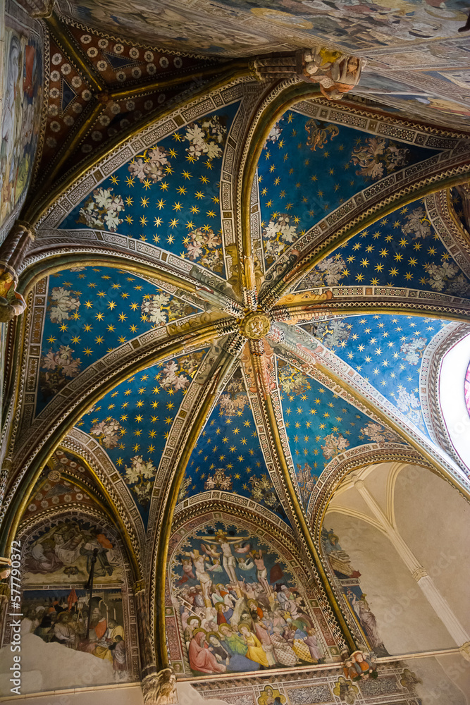 Ceiling painted with stars and blue, of the dome of the chapel of San Biagio inside the Cathedral of Toledo, Spain