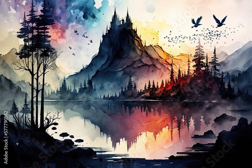 Watercolor fantasy landscape, generative AI © Jelena