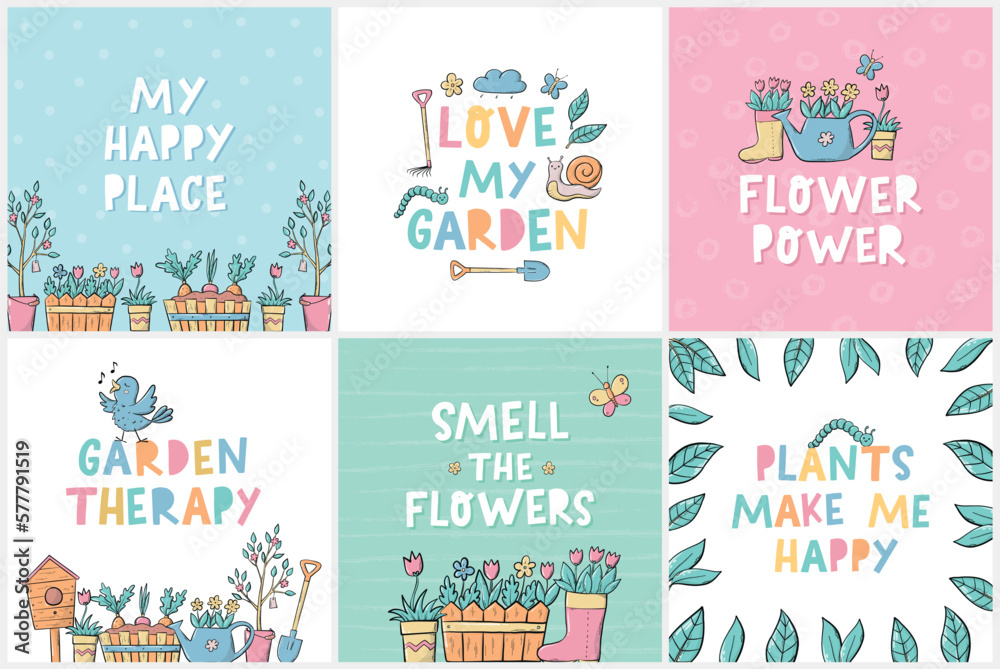 Set of spring and gardening greeting cards, posters, prints, invitations, templates, banners decorated with doodles and lettering quotes. EPS 10