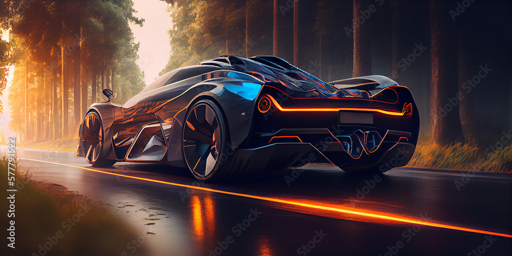 Black electric car on the road in the forest at sunset. Generative AI.