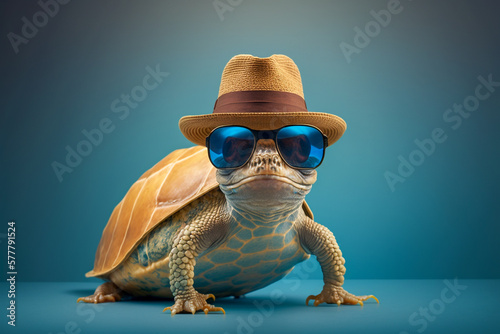 Cute funny turtle in the sunglasses and summer hat  super photo realistic background  generative ai