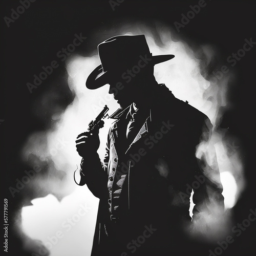 Black and white silhouette of a gangster in smoke. Generative AI. photo