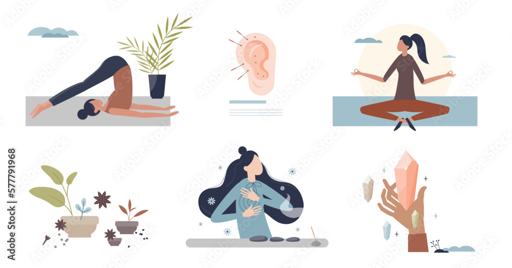 Alternative therapies with esoteric health treatments tiny person collection set, transparent background. Aura and chakra healing with yoga, meditation.