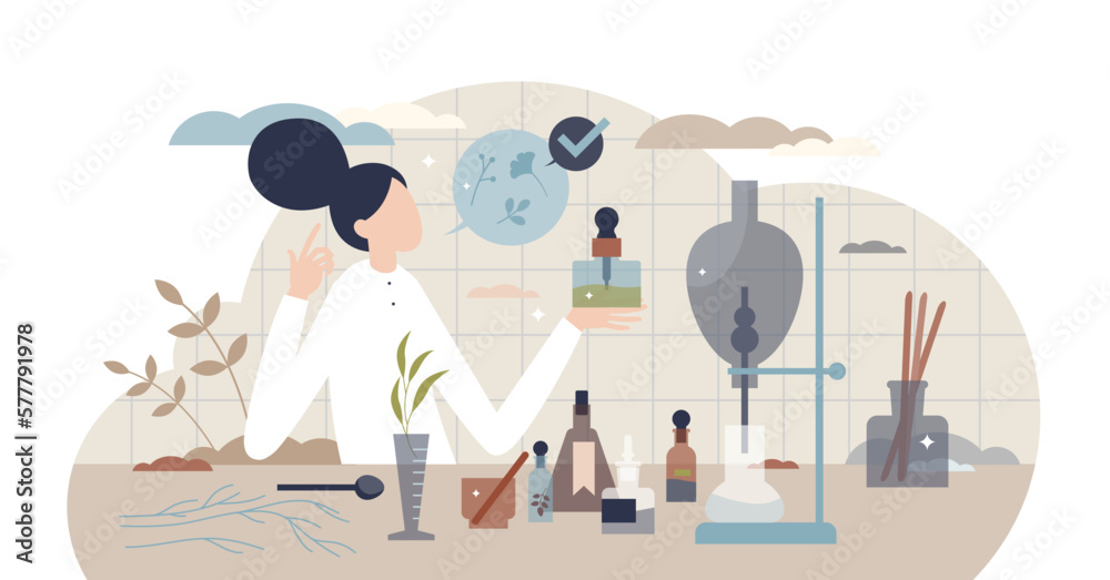 Apothecary drugs with chemical and herbal ingredients tiny person concept, transparent background.Medical prescription preparation using modern antibiotic herbs illustration.